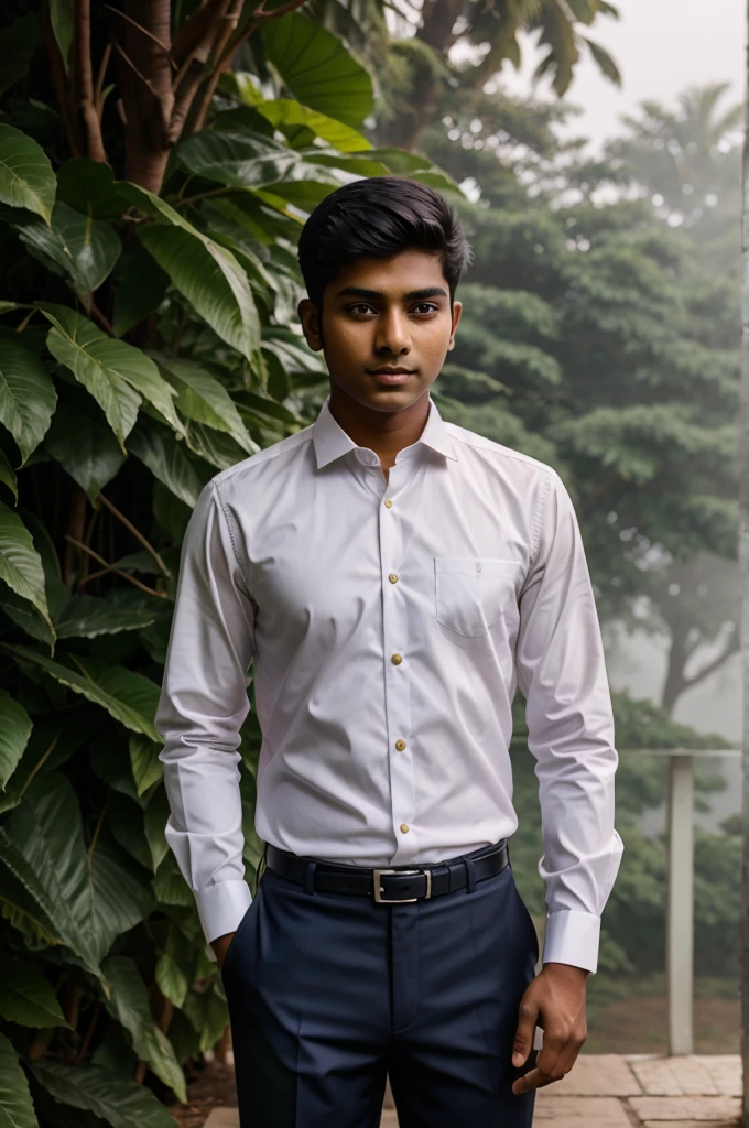 21 year old Indian boy wearing Formal & Shut facing camera background red foggy