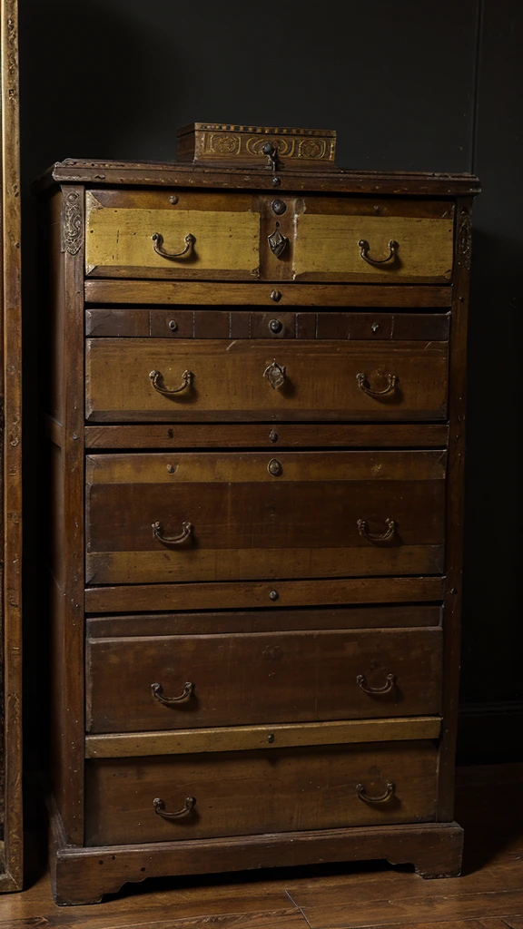 Antique chest: golden in color, with inscriptions, dark room