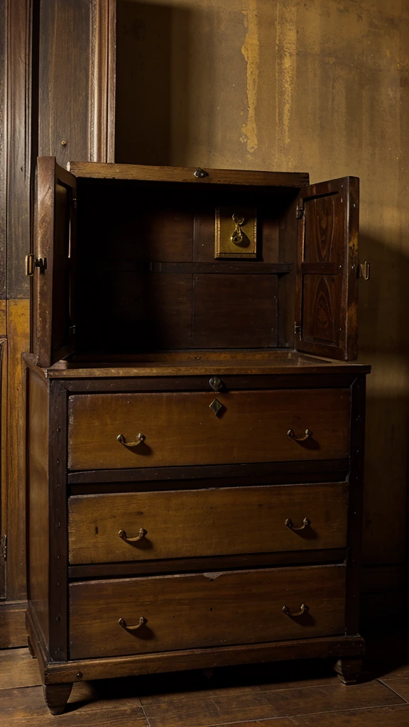 Antique chest: golden in color, with inscriptions, dark room