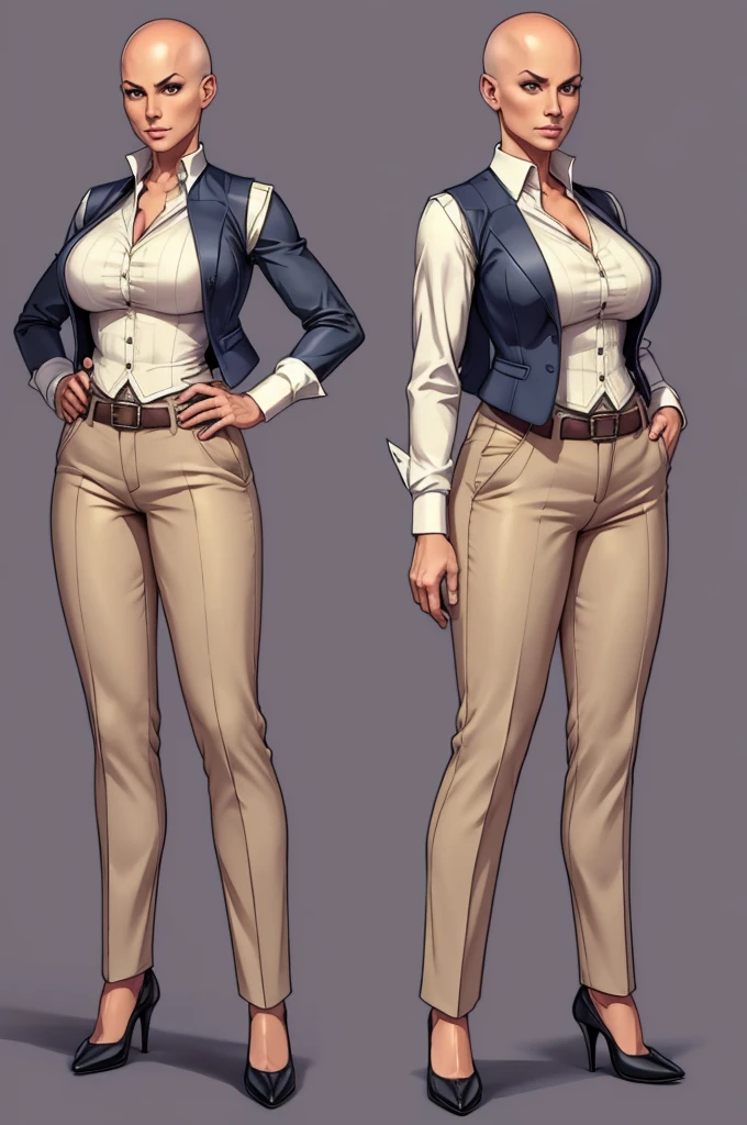digital art, highly detailed, reference sheet, standing pose, feminine features, mature woman, adult female, whole body, bald, form-fitting, vest, unbuttoned shirt, pants, heeled shoes, 1woman, solo, upper body, lower body, ((Extremely Detailed)), ((Best Quality)), ((Masterpiece)), ((4k))