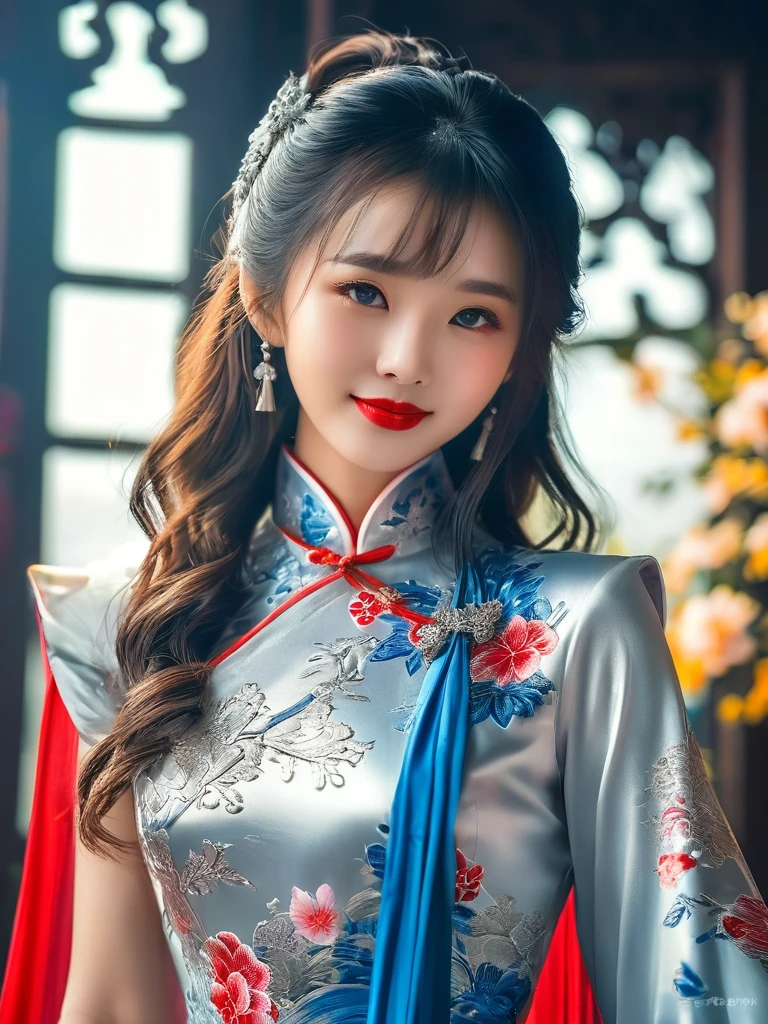 breathtakingly beautiful smiling Chinese girl , long hair , blue eyes , red lips ,(((wearing a long shiny silver cape tied at neck with ribbo)))+++ , cheongsam , full body , 8K , insane details, lifelike, elegant , DSLR ,HDR , film grain