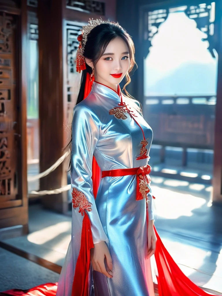 breathtakingly beautiful smiling Chinese girl , long hair , blue eyes , red lips ,(((wearing a long shiny silver cape tied at neck with ribbo)))+++ , cheongsam , full body , 8K , insane details, lifelike, elegant , DSLR ,HDR , film grain