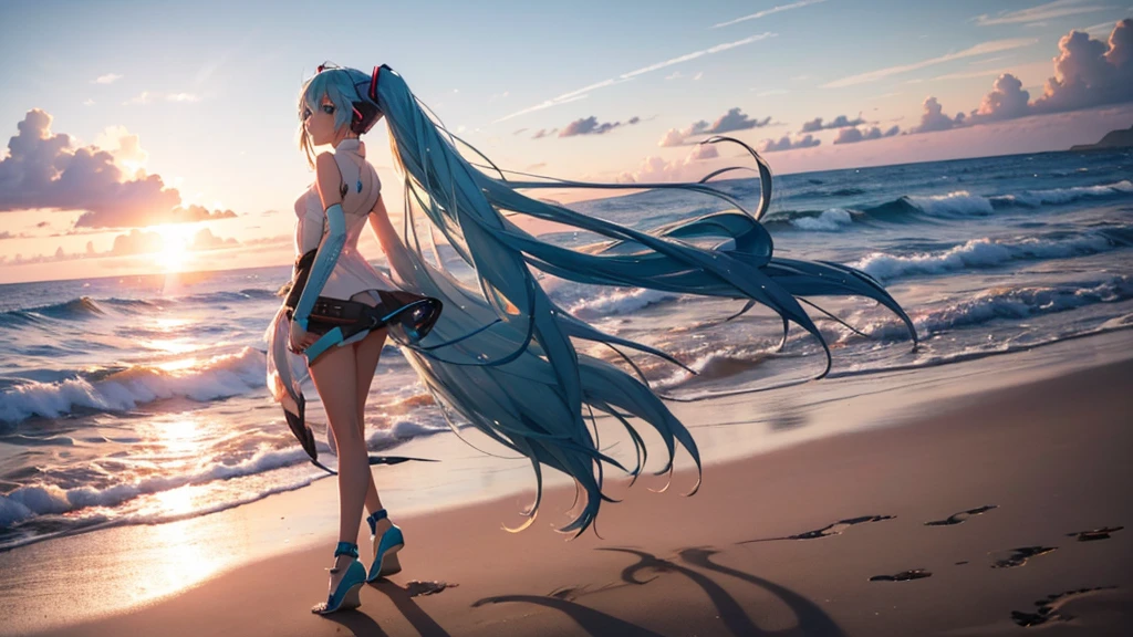 With the sun setting in the background、Please draw a close-up of Hatsune Miku walking on the beach。Her clear blue hair fluttering in the wind、The futuristic outfit stands out。Soft sand all around、The sound of the waves gently lapping、And the palm trees dot the landscape.。