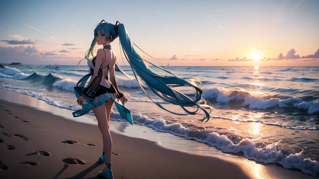 With the sun setting in the background、Please draw a close-up of Hatsune Miku walking on the beach。Her clear blue hair fluttering in the wind、The futuristic outfit stands out。Soft sand all around、The sound of the waves gently lapping、And the palm trees dot the landscape.。