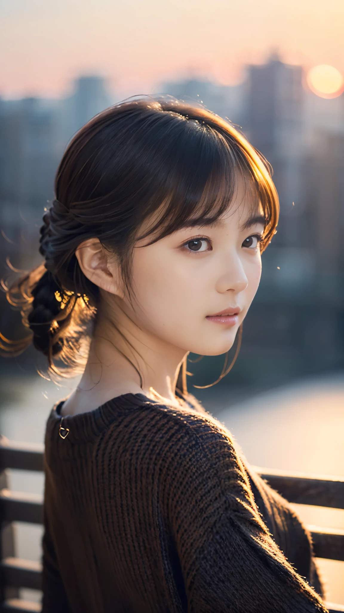 (masterpiece:1.2),(Highest quality),(Very detailed:1.2),(High resolution),(Photorealistic Stick),(RAW Photos),8K,Soft Edge,Close-up of a woman in a black sweater,Soft portrait shots,Beautiful Japanese Women,Gorgeous face portrait,Eye light,Girl of the person himself,Very beautiful face,Beautiful portrait,A lovely and delicate face,Beautiful young Japanese woman,Mature hairstyle,Looking into the distance(Sunset in the background),(((Blur the background))),(Gentle light:1.5),(Front view),(POV shot)
