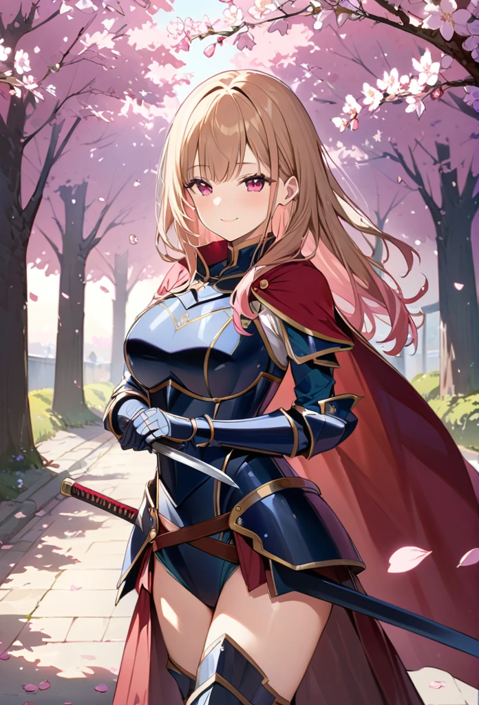 alone, 1 Girl, Marin, salary, keep, arms, Focus on women, sword, Cape, armor, Lambent Light, Handguard, sheath,  armor, full armor, A soft smile，Cherry blossoms blooming all over the place，Falling cherry blossom petals background　(((masterpiece)))， ((Highest quality))， ((Intricate details))　(8K)