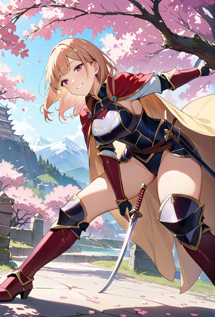 alone, 1 Girl, Marin, salary, keep, arms, Focus on women, sword, Cape, armor, Lambent Light, Handguard, sheath,  armor, full armor, A soft smile，Cherry blossoms blooming all over the place，Falling cherry blossom petals background　(((masterpiece)))， ((Highest quality))， ((Intricate details))　(8K)