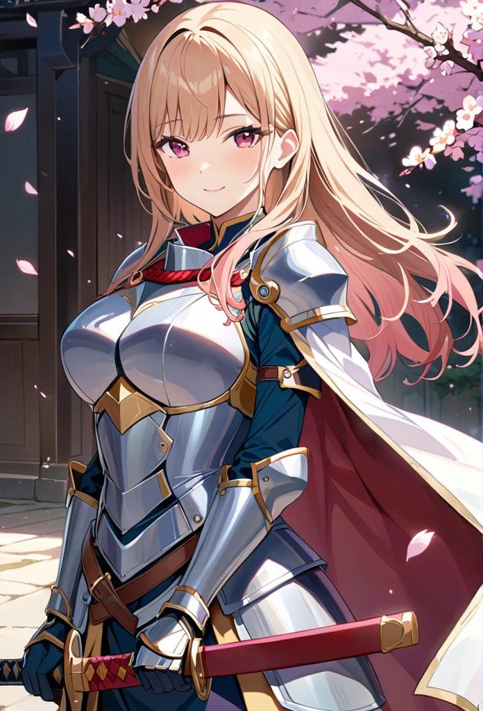 alone, 1 Girl, Marin, salary, keep, arms, Focus on women, sword, Cape, armor, Lambent Light, Handguard, sheath,  armor, full armor, A soft smile，Cherry blossoms blooming all over the place，Falling cherry blossom petals background　(((masterpiece)))， ((Highest quality))， ((Intricate details))　(8K)