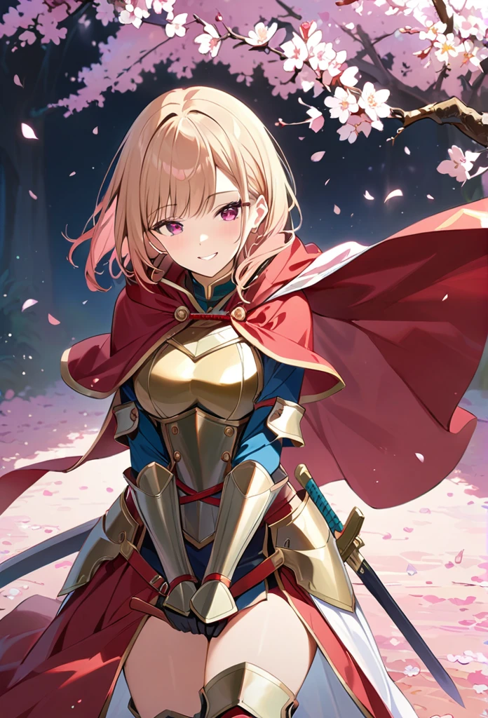 alone, 1 Girl, Marin, salary, keep, arms, Focus on women, sword, Cape, armor, Lambent Light, Handguard, sheath,  armor, full armor, A soft smile，Cherry blossoms blooming all over the place，Falling cherry blossom petals background　(((masterpiece)))， ((Highest quality))， ((Intricate details))　(8K)