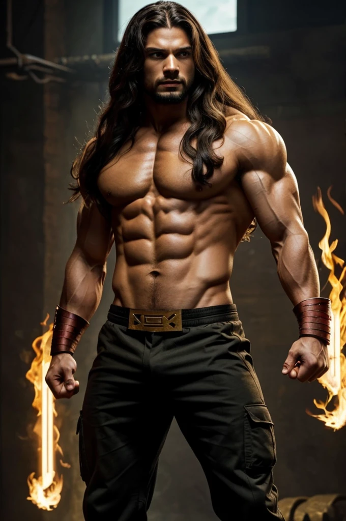 A god who has fully iron fist,long hair and muscular
