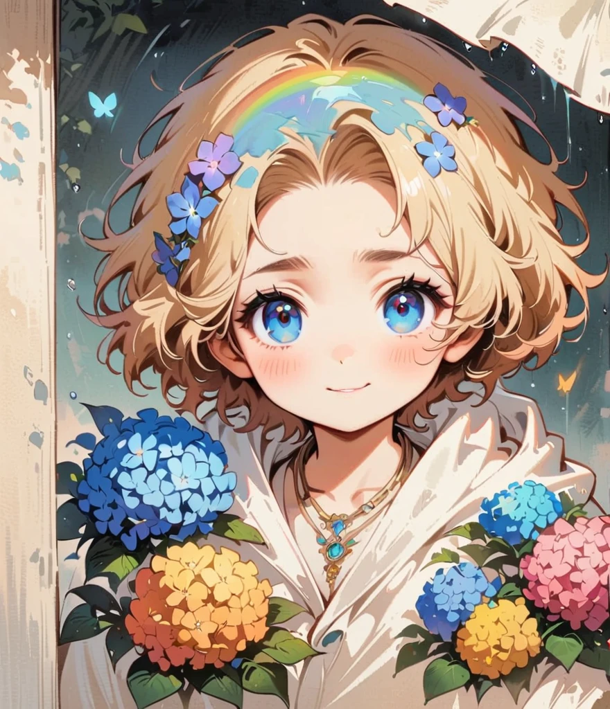 Cool face、Blonde Short、When it rains, A rainbow appears。Hydrangea(masterpiece, Highest quality:1.2), Cartoon style character design， alone，Eyes with raised corners of the eyes、Raise the ends of your eyebrows、，Floral Shirt，interesting，interesting