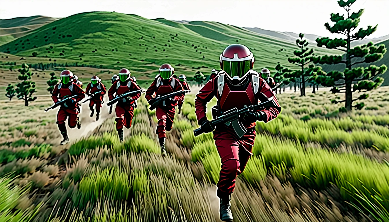 Soldiers in dark red military uniform wearing a futuristic helmet, run through the steppe with some green areas and a little bit of hills and pine trees