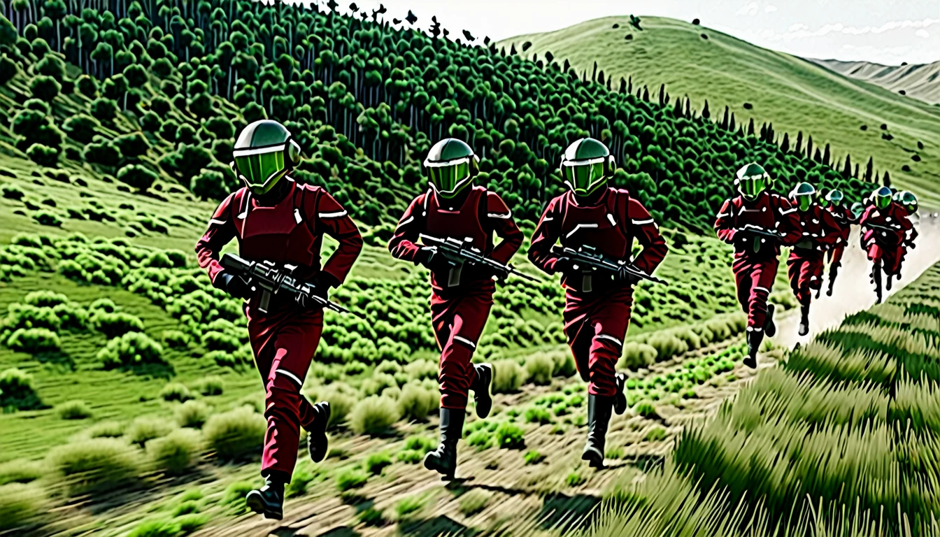 Soldiers in dark red military uniform wearing a futuristic helmet, run through the steppe with some green areas and a little bit of hills and pine trees