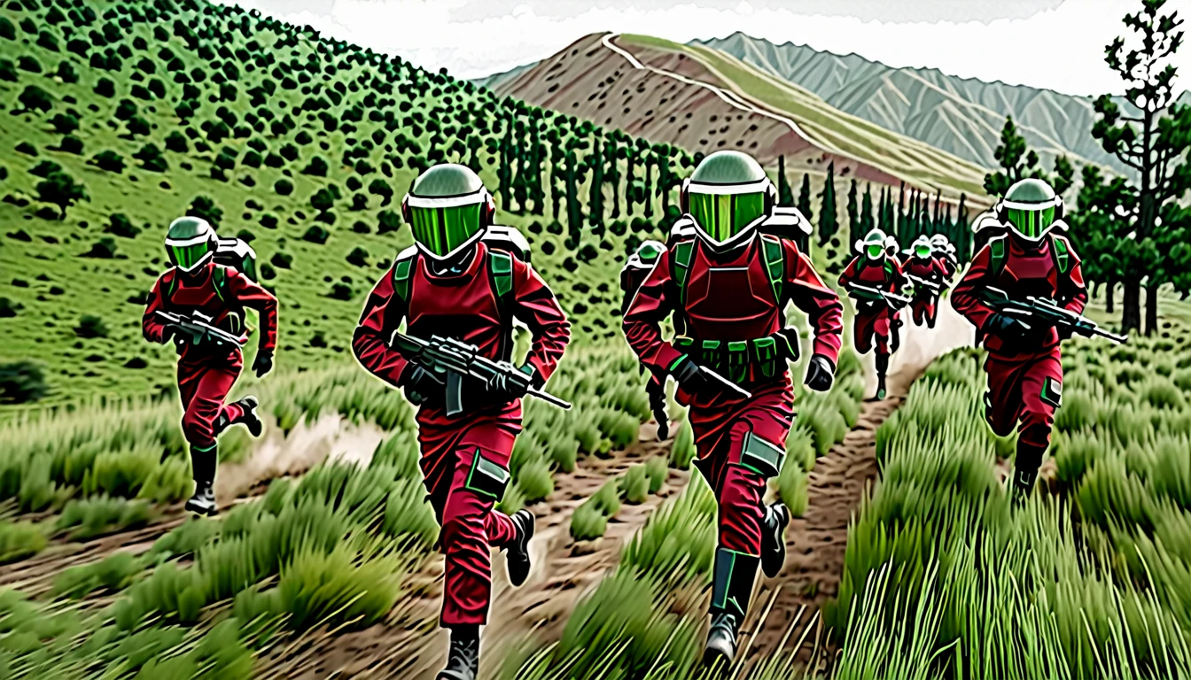 Soldiers in dark red military uniform wearing a futuristic helmet, run through the steppe with some green areas and a little bit of hills and pine trees