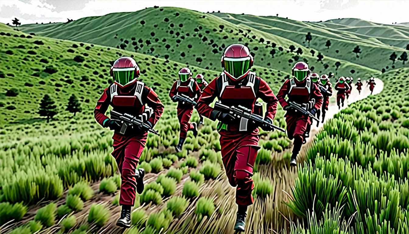 Soldiers in dark red military uniform wearing a futuristic helmet, run through the steppe with some green areas and a little bit of hills and pine trees