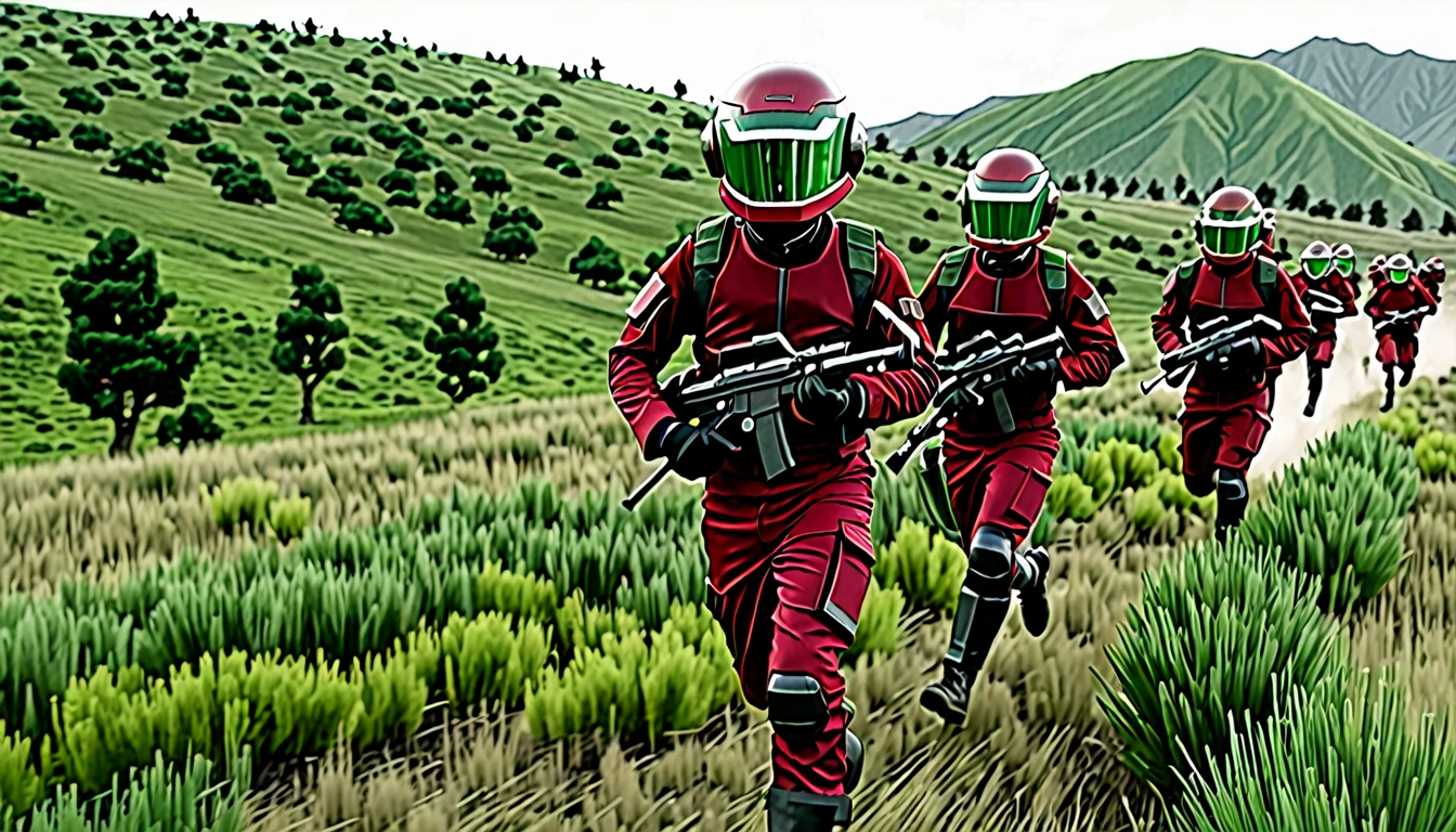 Soldiers in dark red military uniform wearing a futuristic helmet, run through the steppe with some green areas and a little bit of hills and pine trees