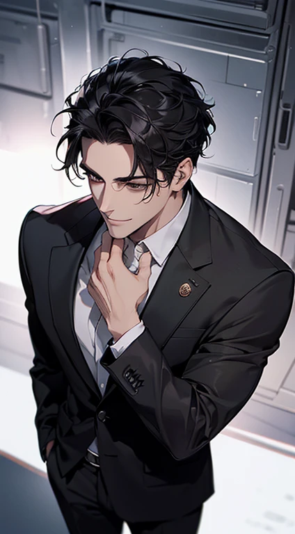 (best quality, masterpiece, 8K, photorealistic, cinematic lighting, 1:4 hdr image, top view, ultra detailed, beautiful image), a mature man, very handsome, short black hair, black eyes, perfect face without errors , ((buttoning his jacket, CEO)), smile in love.