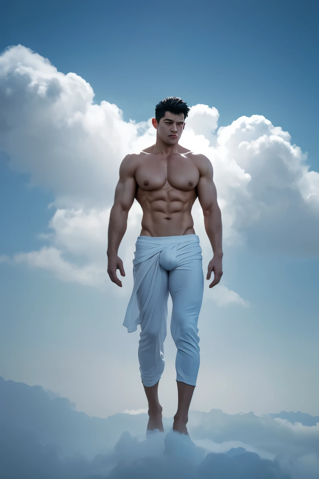 Amidst a surreal cloudscape, a muscular,  man stands with an intense gaze, correct looking , well-shaped , smooth  and , his chiseled physique partially enveloped by ethereal, he stands in white clouds. The contrast between his strong, defined features and the soft, dreamlike mist creates a striking visual, evoking a sense of otherworldly strength and serenity