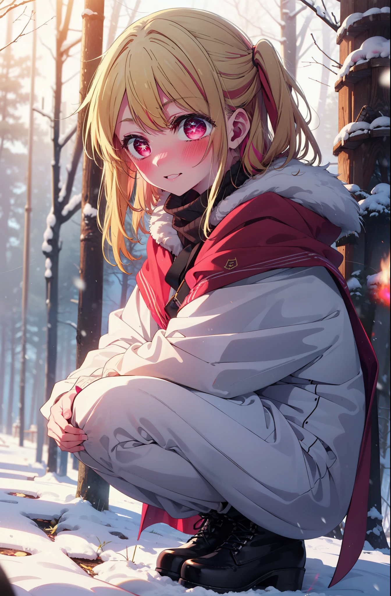 rubyhoshino, Hoshino Ruby, Long Hair, bangs, Blonde, (Pink Eyes:1.3), Side Lock, (Symbol-shaped pupil:1.5), Multicolored Hair, Two-tone hair, smile,,smile,blush,White Breath,
Open your mouth,snow,Ground bonfire, Outdoor, boots, snowing, From the side, wood, suitcase, Cape, Blurred, , forest, White handbag, nature, Squat, Mouth closed, Cape, winter, Written boundary depth, Black shoes, red Cape break looking at viewer, Upper Body, whole body, break Outdoor, forest, nature, break (masterpiece:1.2), Highest quality, High resolution, unity 8k wallpaper, (shape:0.8), (Beautiful and beautiful eyes:1.6), Highly detailed face, Perfect lighting, Highly detailed CG, (Perfect hands, Perfect Anatomy),