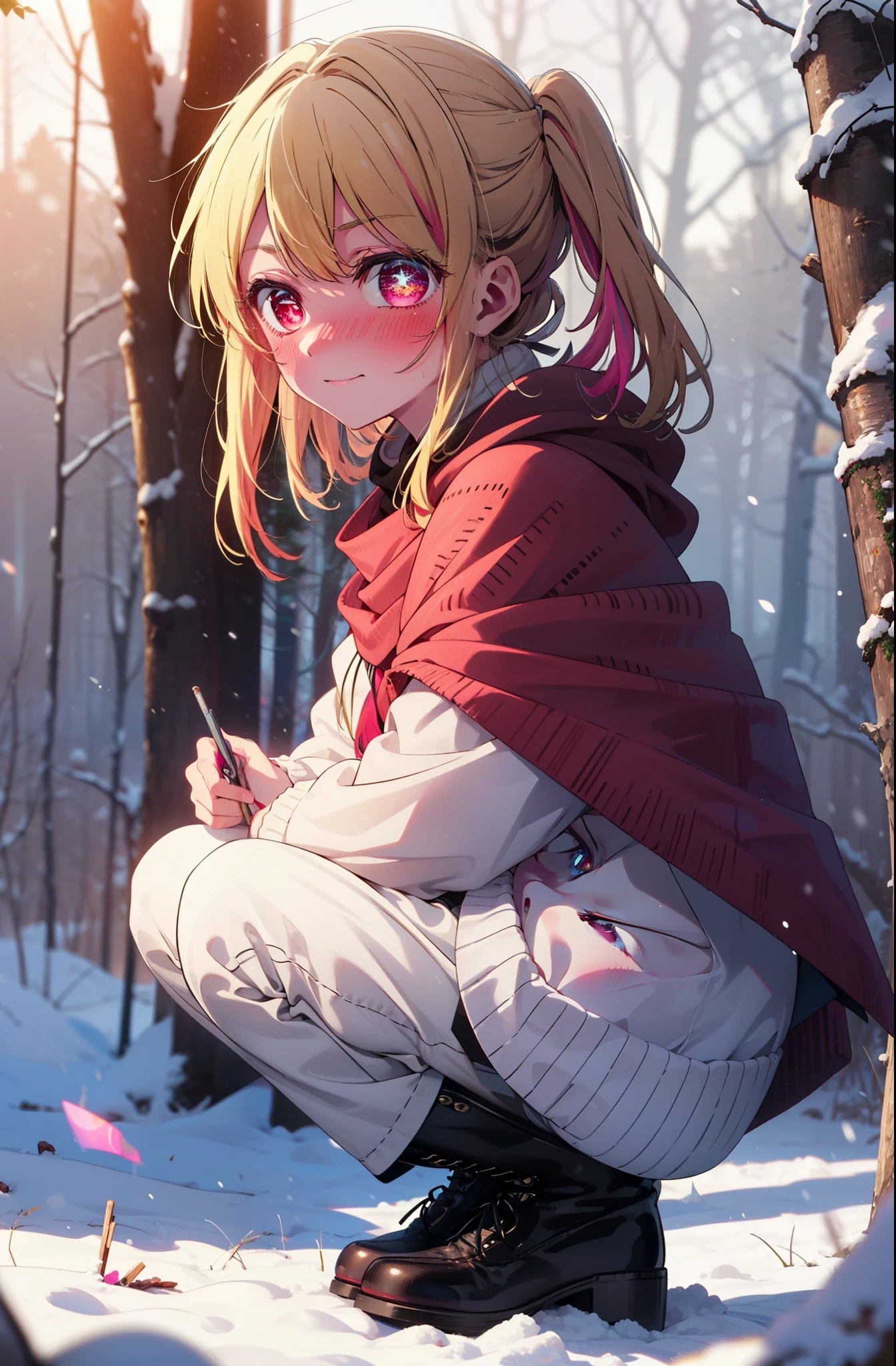 rubyhoshino, Hoshino Ruby, Long Hair, bangs, Blonde, (Pink Eyes:1.3), Side Lock, (Symbol-shaped pupil:1.5), Multicolored Hair, Two-tone hair, smile,,smile,blush,White Breath,
Open your mouth,snow,Ground bonfire, Outdoor, boots, snowing, From the side, wood, suitcase, Cape, Blurred, , forest, White handbag, nature, Squat, Mouth closed, Cape, winter, Written boundary depth, Black shoes, red Cape break looking at viewer, Upper Body, whole body, break Outdoor, forest, nature, break (masterpiece:1.2), Highest quality, High resolution, unity 8k wallpaper, (shape:0.8), (Beautiful and beautiful eyes:1.6), Highly detailed face, Perfect lighting, Highly detailed CG, (Perfect hands, Perfect Anatomy),