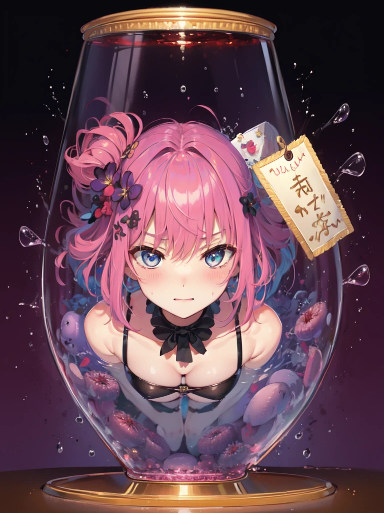 perfect eyes:1.2, detailed eyes:1.4, pineapple, smile, sitting, full body, air bubble, (masterpiece:1.2, best quality), phgls, /bottle, in container, (finely detailed beautiful eyes: 1.2), 1girl, solo, big breasts, tentacles, purple hair, pink hair, two-tone hair, underwater, floating hair, (bound:1.4), (bdsm:1.7)，shy，blush，cry，scared，(anger:1.3)，((arm behind back))