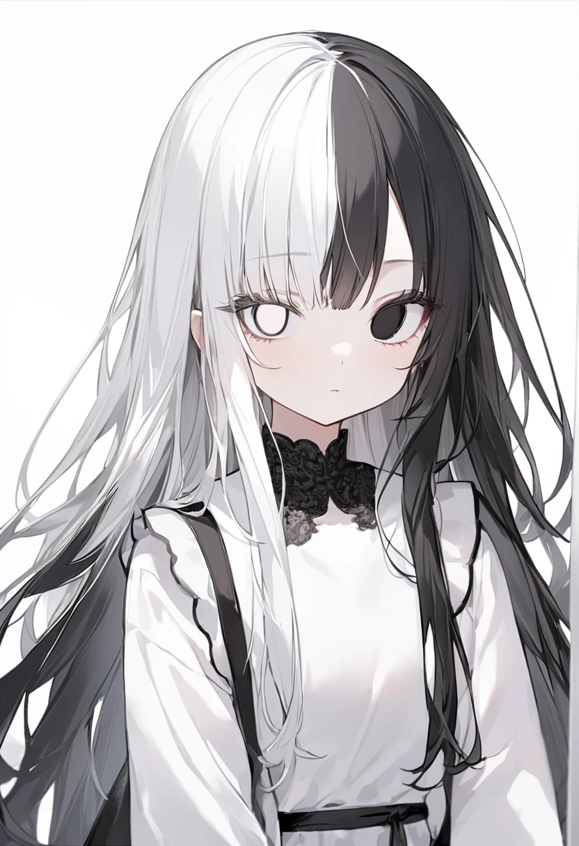 Black and White、Girl、Black and white hair、Black and white mixed、Black and white mixed髪の毛、Half Black、Half white、Long Hair、Odd Eye、Odd Eye 左目が白色 右目が黒色、Left eye is white、Left eye is white、Right eye is black、Right eye is black、全体的に黒と白が混ざったGirl、Black and WhiteのGirl、White background、白と黒のGirl、White Room、黒色と白色のGirl、emotionless、Calm、Lots of black、A lot of black、Lots of black髪の毛、一人のGirl、1 Girl、1 Girl、Mostly black、Put highlights in the eyes、There are highlights on the eyes、Highlight on left eye、Highlight on left eyeがある、Black highlights on white eyes、White eyes with black highlights、Left eye is white