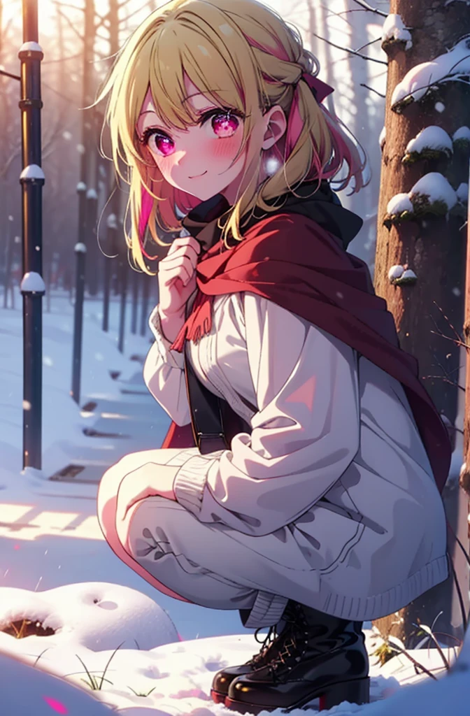 rubyhoshino, Hoshino Ruby, Long Hair, bangs, Blonde, (Pink Eyes:1.3), Side Lock, (Symbol-shaped pupil:1.5), Multicolored Hair, Two-tone hair, smile,,smile,blush,White Breath,
Open your mouth,snow,Ground bonfire, Outdoor, boots, snowing, From the side, wood, suitcase, Cape, Blurred, , forest, White handbag, nature,  Squat, Mouth closed, Cape, winter, Written boundary depth, Black shoes, red Cape break looking at viewer, Upper Body, whole body, break Outdoor, forest, nature, break (masterpiece:1.2), Highest quality, High resolution, unity 8k wallpaper, (shape:0.8), (Beautiful and beautiful eyes:1.6), Highly detailed face, Perfect lighting, Highly detailed CG, (Perfect hands, Perfect Anatomy),