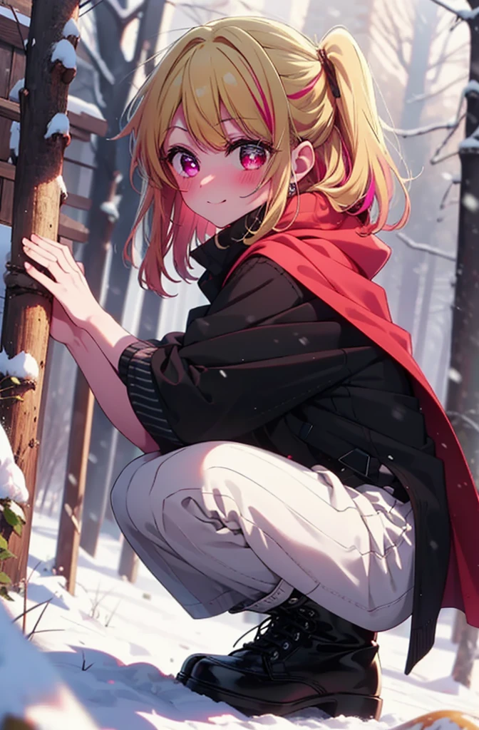 rubyhoshino, Hoshino Ruby, Long Hair, bangs, Blonde, (Pink Eyes:1.3), Side Lock, (Symbol-shaped pupil:1.5), Multicolored Hair, Two-tone hair, smile,,smile,blush,White Breath,
Open your mouth,snow,Ground bonfire, Outdoor, boots, snowing, From the side, wood, suitcase, Cape, Blurred, , forest, White handbag, nature, Squat, Mouth closed, Cape, winter, Written boundary depth, Black shoes, red Cape break looking at viewer, Upper Body, whole body, break Outdoor, forest, nature, break (masterpiece:1.2), Highest quality, High resolution, unity 8k wallpaper, (shape:0.8), (Beautiful and beautiful eyes:1.6), Highly detailed face, Perfect lighting, Highly detailed CG, (Perfect hands, Perfect Anatomy),