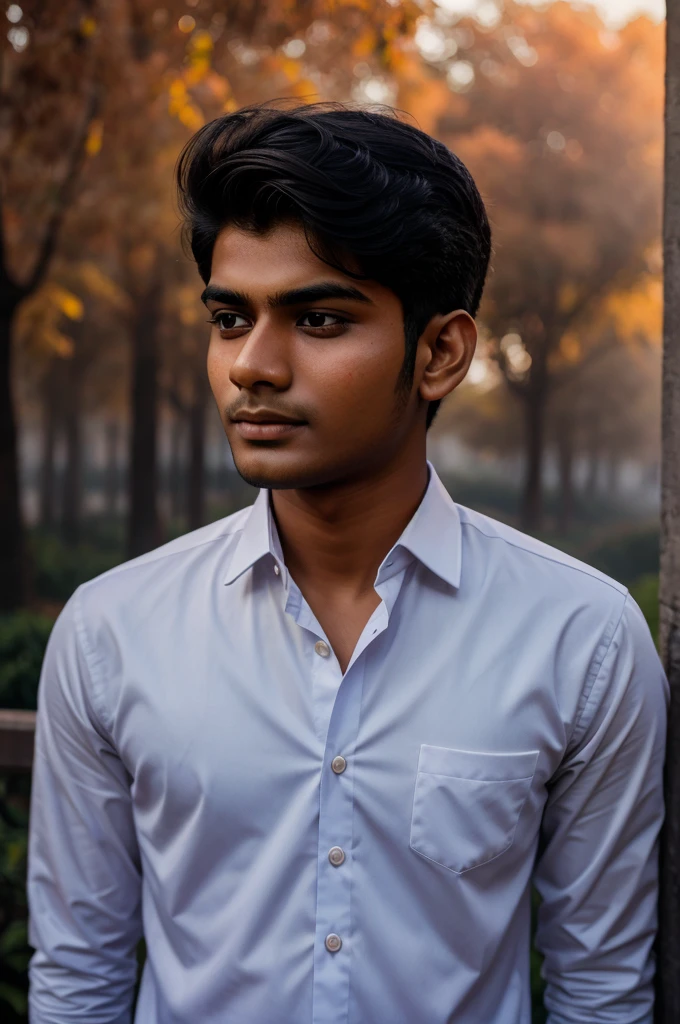 21 year old Indian boy wearing Formal & Shut facing camera red fog background