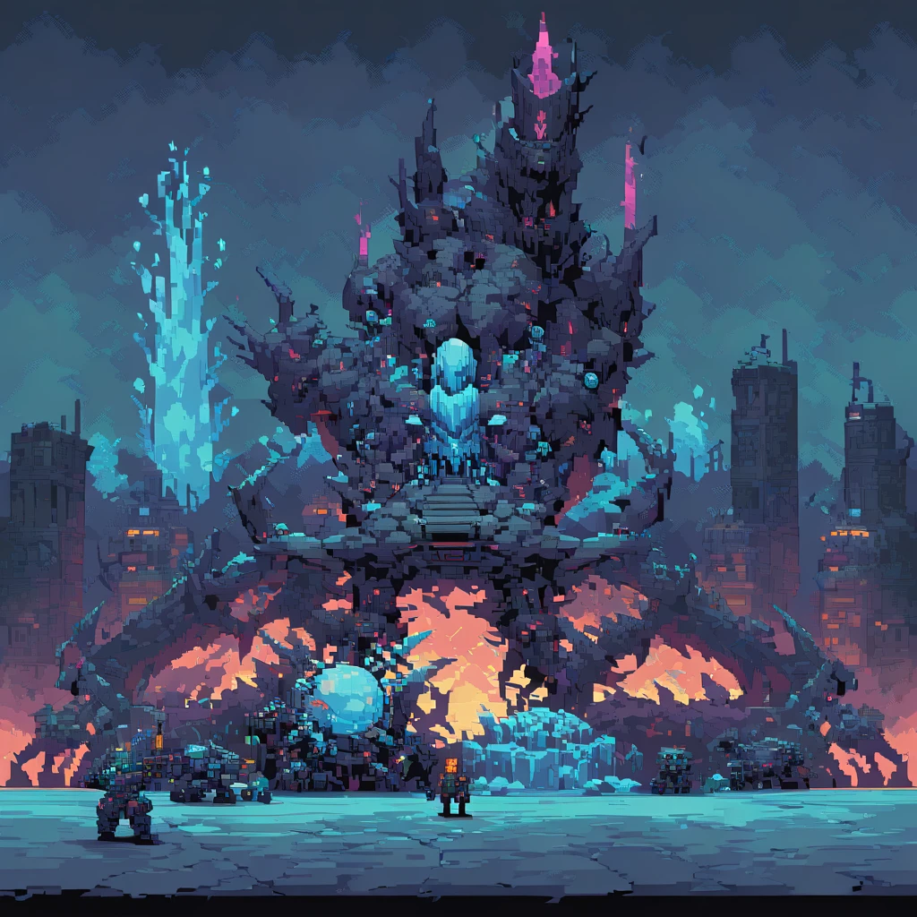 machines, robots and steel, pixel art, sidescroller, pixel art, futuristic, cyberpunk frozen setting