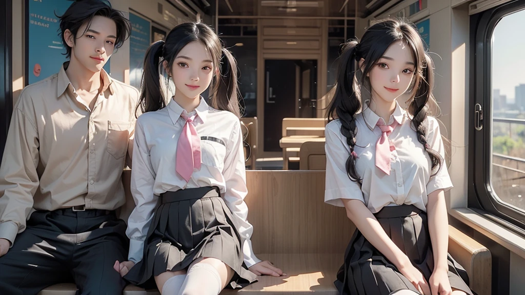 ((masterpiece)),(Highest quality),Official Art,Highly detailed CG,unity 8k wallpaper,Super detailed,Inside the train,One girl,alone,Upper Body,View your viewers,,,Very long hair,Twin tails,Black Hair,Brown eyes,smile,,White shirt,Seraphim,Pink tie,Black knee socks,Pleated skirt,Black Skirt,loafers,