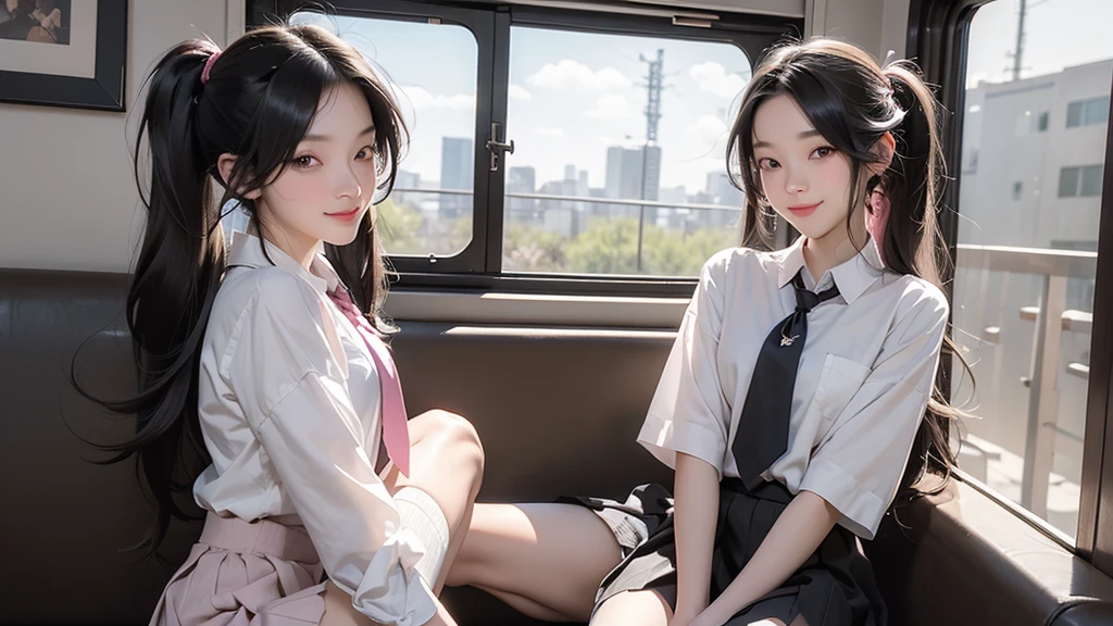 ((masterpiece)),(Highest quality),Official Art,Highly detailed CG,unity 8k wallpaper,Super detailed,Inside the train,One girl,alone,Upper Body,View your viewers,,,Very long hair,Twin tails,Black Hair,Brown eyes,smile,,White shirt,Seraphim,Pink tie,Black knee socks,Pleated skirt,Black Skirt,loafers,