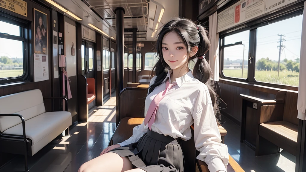 ((masterpiece)),(Highest quality),Official Art,Highly detailed CG,unity 8k wallpaper,Super detailed,Inside the train,One girl,alone,Upper Body,View your viewers,,,Very long hair,Twin tails,Black Hair,Brown eyes,smile,,White shirt,Seraphim,Pink tie,Black knee socks,Pleated skirt,Black Skirt,loafers,