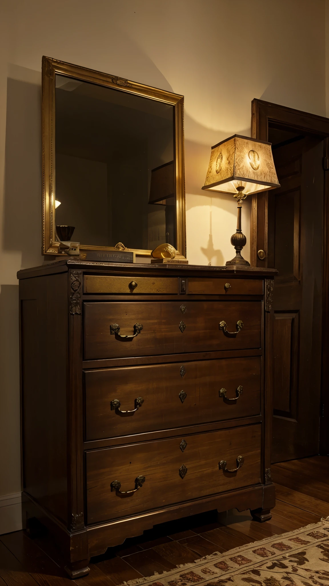 Antique chest: golden in color, with inscriptions, dark room
