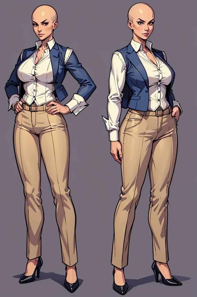 digital art, highly detailed, reference sheet, standing pose, feminine features, mature woman, adult female, whole body, bald, form-fitting, vest, unbuttoned shirt, pants, heeled shoes, 1woman, solo, upper body, lower body, ((Extremely Detailed)), ((Best Quality)), ((Masterpiece)), ((4k))