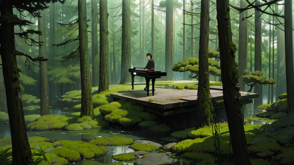 A large black grand piano stands in a mossy Japanese garden