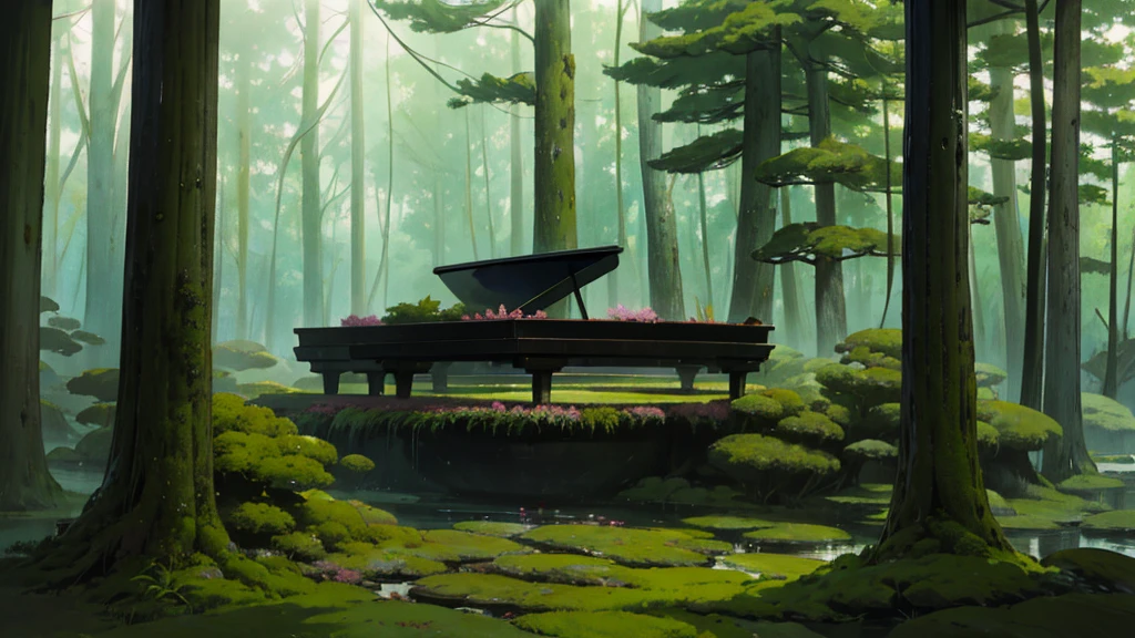 A large black grand piano stands in a mossy Japanese garden