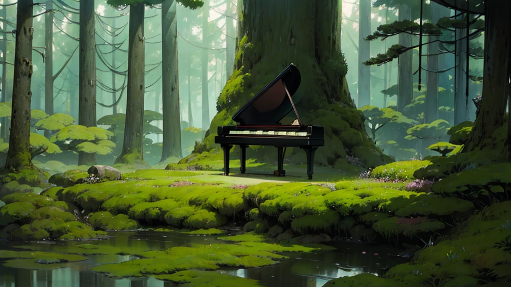 A large black grand piano stands in a mossy Japanese garden