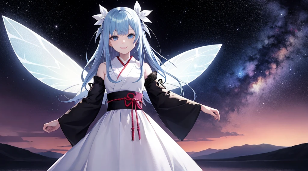 Highest quality、Masterpiece、Official Art、Dynamic composition、One Girl, alone,starの妖精、 Hello, Virtual YouTuber, Milky white with blue inner color hair, Transparent little fairy wings, Hello,wings, Blue Hair, smile, View your viewers, 青いbackground, background, Long Hair, Single hair ingestion, upper dy whole body,Blue eyes, 眉毛より上の短めのbangs, bangs, blue eyes,Sleeves are longer than the wrist, Gothic Lolita Kimono Remade from Kimono、universe、Milky Way、star、
