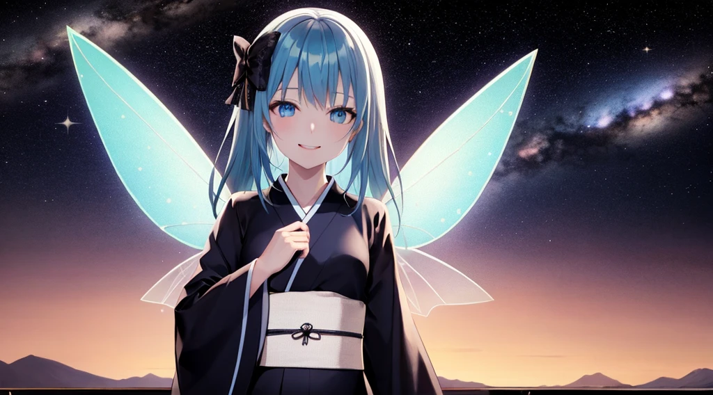 Highest quality、Masterpiece、Official Art、Dynamic composition、One Girl, alone,starの妖精、 Hello, Virtual YouTuber, Milky white with blue inner color hair, Transparent little fairy wings, Hello,wings, Blue Hair, smile, View your viewers, 青いbackground, background, Long Hair, Single hair ingestion, upper dy whole body,Blue eyes, 眉毛より上の短めのbangs, bangs, blue eyes,Sleeves are longer than the wrist, Gothic Lolita Kimono Remade from Kimono、universe、Milky Way、star、