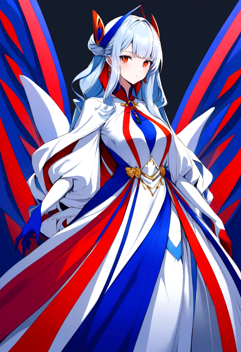 Women in elegant dress 1996 in tricolor blue white red