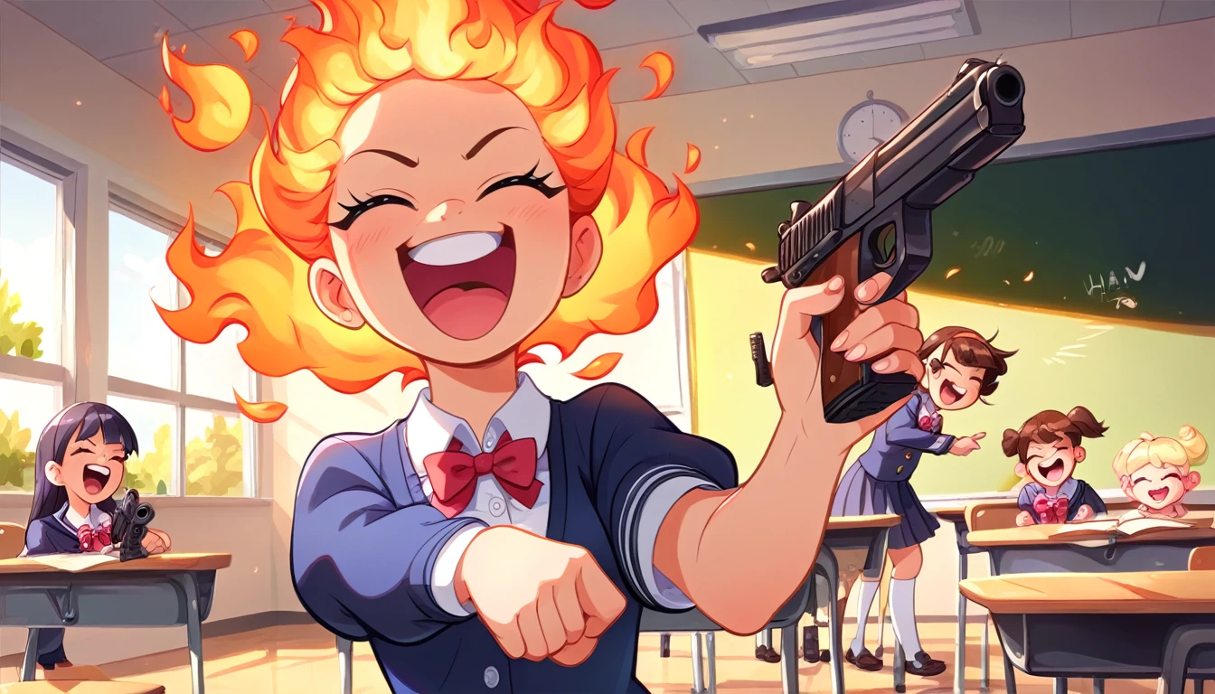 ((multiple girls:1.3)), ((moe style:1.3)), ((schoolgirls:1.3)), ((humvee:1.3)), ((gun firing:1.3)), ((nozzle fire:1.3)), ((laughing:1.3)), ((classroom:1.3)), ((centerfold:1.3)), ((extremely feminine:1.3)), perfect hands, ((perfect face)), ((extremely cute:1.3)), ((masterpiece)), ((8k)), ((best quality)), ((beautiful)), ((extremely detailed:1.3)) , ((absurdres)), AddXL, ((score_9:1.3)), ((score_8_up:1.3)), ((score_7_up:1.3)),
