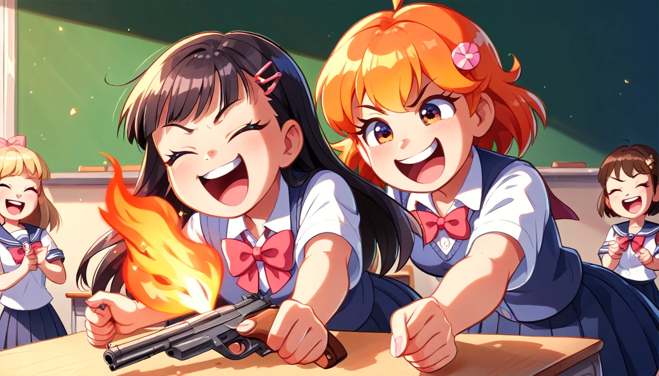 ((multiple girls:1.3)), ((moe style:1.3)), ((schoolgirls:1.3)), ((humvee:1.3)), ((gun firing:1.3)), ((nozzle fire:1.3)), ((laughing:1.3)), ((classroom:1.3)), ((centerfold:1.3)), ((extremely feminine:1.3)), perfect hands, ((perfect face)), ((extremely cute:1.3)), ((masterpiece)), ((8k)), ((best quality)), ((beautiful)), ((extremely detailed:1.3)) , ((absurdres)), AddXL, ((score_9:1.3)), ((score_8_up:1.3)), ((score_7_up:1.3)),