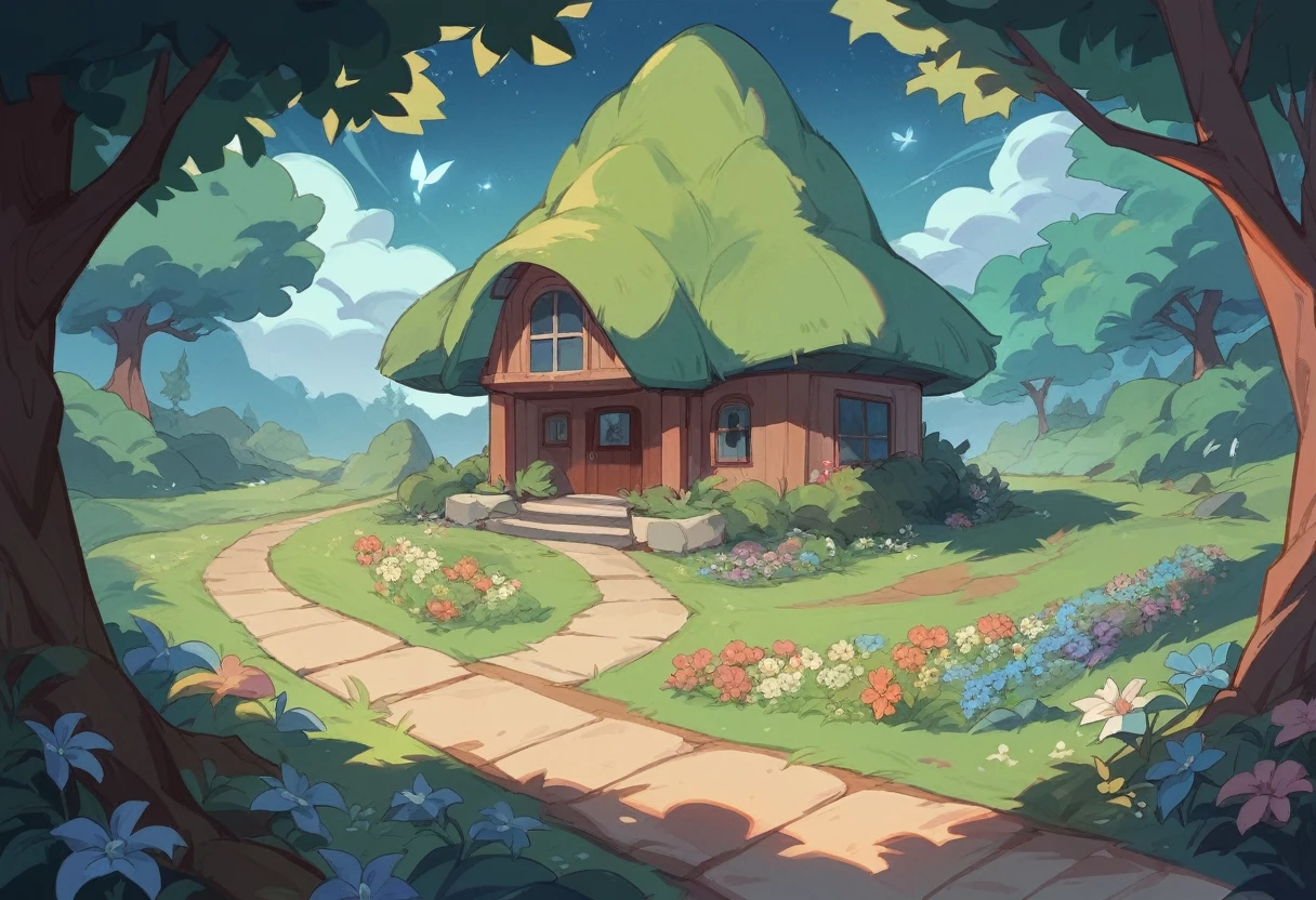 Fairy house in the forest、night、It is illuminated、Landscape with flowers