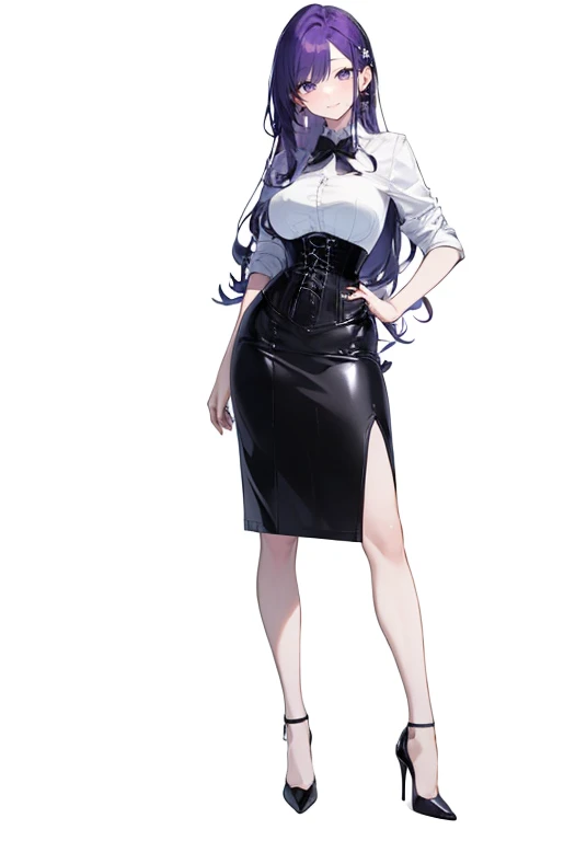 Purple Hair,((Very voluminous long hair)),Adult female,White Y-shirt,((Roll up her sleeves)),(((Roll up your sleeves))),(corset),(Black tight skirt),(High heels),((A simple, blank white background)),smile,((full body)),((whole body)),
