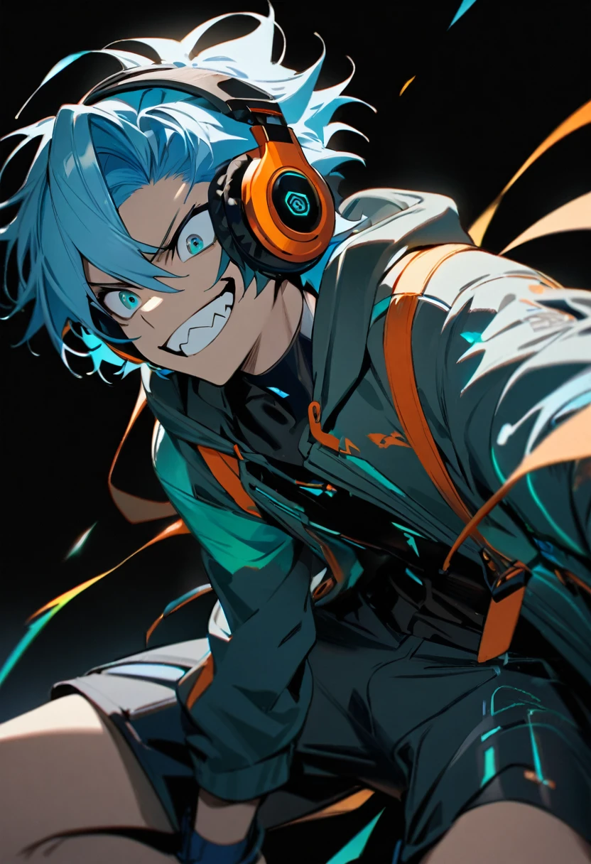 One boy, grinning face, jagged teeth, beautiful boy, light blue hair, hoodie, cyber clothes, Bermuda shorts, headphones, black background, masterpiece, best quality