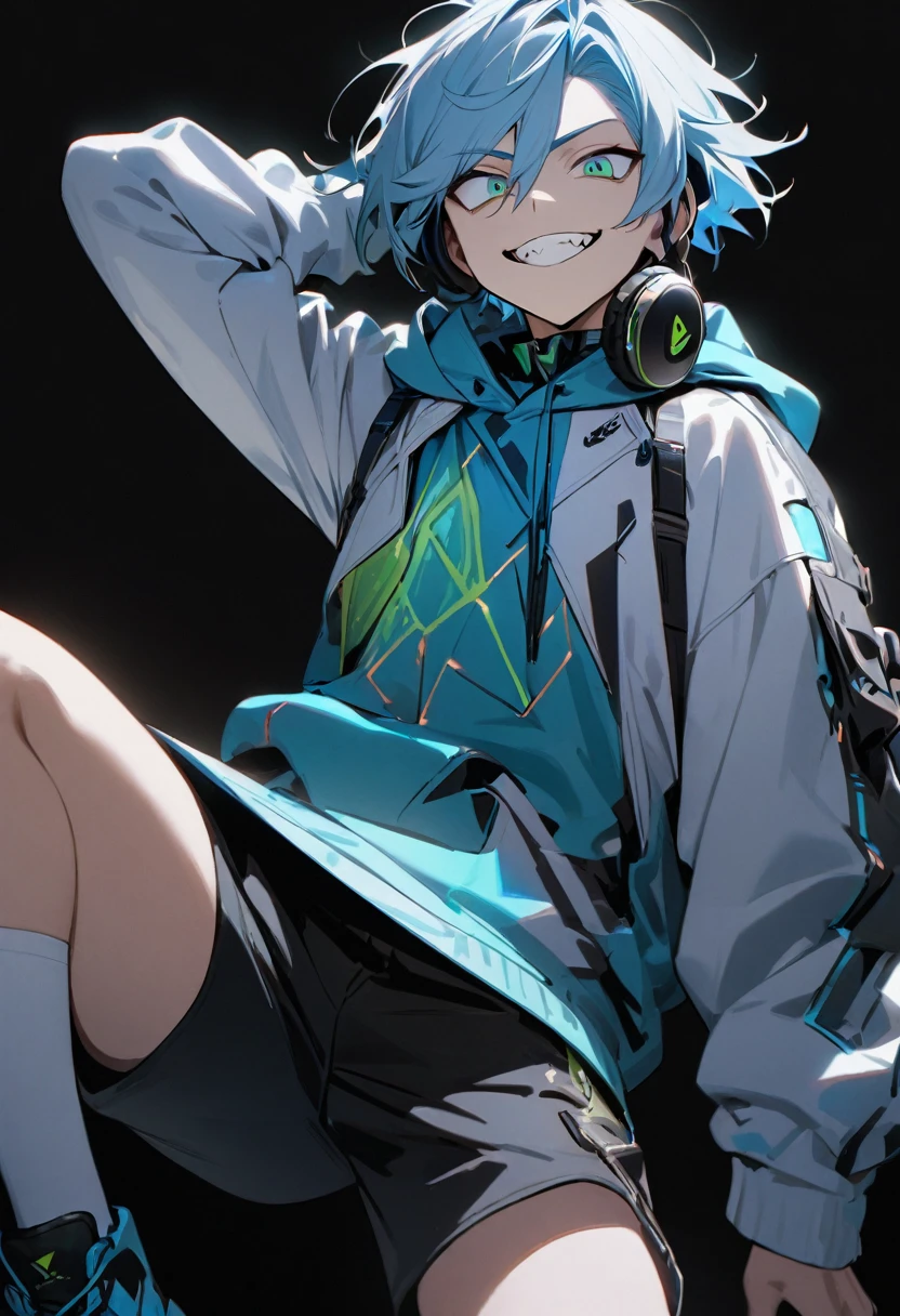 One boy, grinning face, jagged teeth, beautiful boy, light blue hair, hoodie, cyber clothes, Bermuda shorts, headphones, black background, masterpiece, best quality