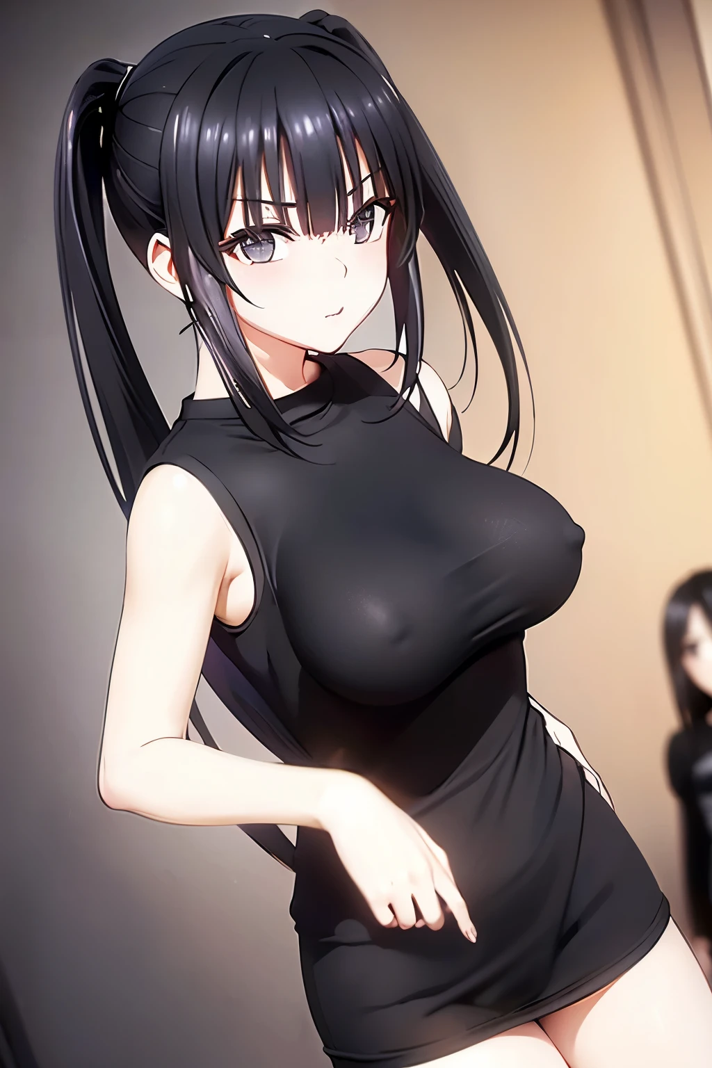 Optimal，masterpiece，High resolution，Highest quality，(Cowboy Shot)、Cute face，Black Hair、Long Hair、Twin tails、((Shoot from the front:1.5)), ((Tight black t-shirt:1.5)). ((Beautiful nipples))、((Big Breasts:1.5)), 