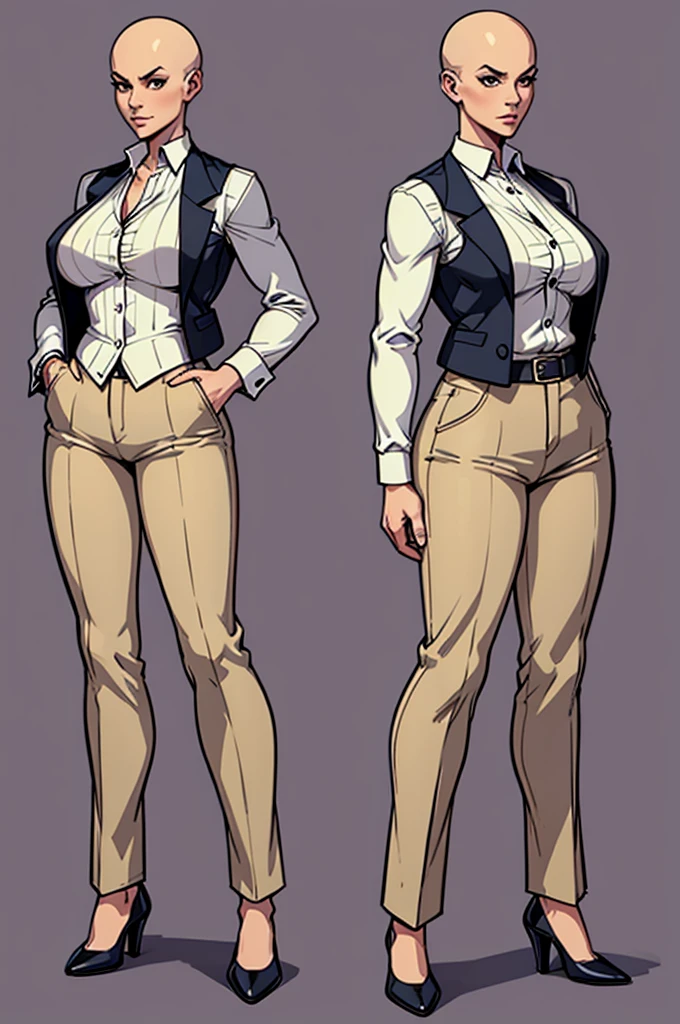 digital art, highly detailed, reference sheet, standing pose, feminine features, mature woman, adult female, whole body, bald, form-fitting, vest, unbuttoned shirt, pants, heeled shoes, 1woman, solo, upper body, lower body, ((Extremely Detailed)), ((Best Quality)), ((Masterpiece)), ((4k))