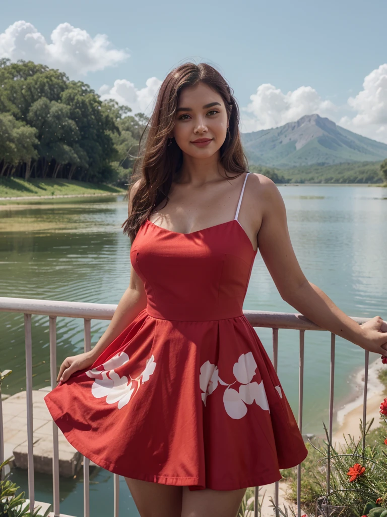 Araffe dress,Red dressRed wearing a short dress (white),Crocodile nearbya mountain of water near the Crocodiles nearby.light green,shining flowers,Red skywearing a suit (white), lipstick (pink)White flowersEscasamente vestido.Smooth sky model Hermosa figuracuerpo voluptuoso curvy hermosas sonrisa seductora Retrato Gabriella Lin Rojo Orange dress Red